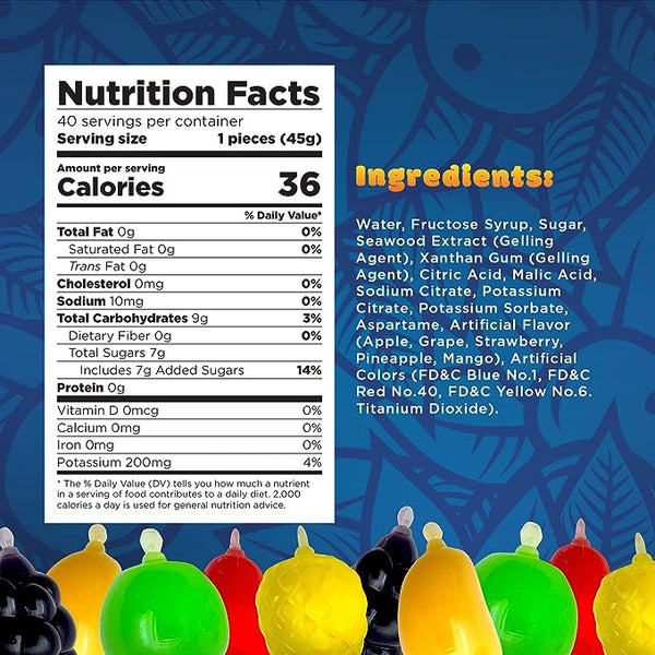 Funtasty Fruit Squeezable Jellies - 40 Count Jar - Tik Tok Candy - Halloween Treat in Assorted Fruit Flavors - Mango, Strawberry, Apple, Pineapple, and Grape