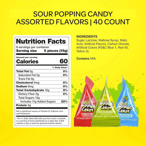 Sour Popping Rocks - 40 Mini Packs - Easter Candy - Sour Popping Candy Individually Wrapped - Easter Eggs Fillers - Assorted Fruit Flavors - Party Favors