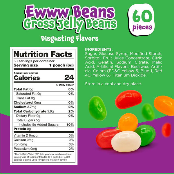 Ewww Beans Gross Jelly Beans - 60 Count Bag (12 Oz) - Weird Candy - Nasty Flavors Candy Individually Wrapped - Prank Candies for Challenge Party Games by Funtasty