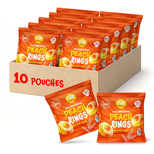 Peach Rings - 10 Packs - Peach Gummy Candies Individually Wrapped - Sweet and Sour Candy for Classroom, Snacking, Gifting, and Goodie Bags - Soft Gummy Rings