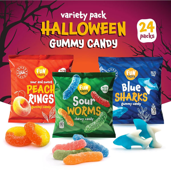 Halloween Gummy Candy Variety Pack - 24 Count Pouches, 0.85 Oz Each - Assorted Sour Worms, Blue Sharks and Peach Rings - Trick or Treat Candy Bags for Party Favors