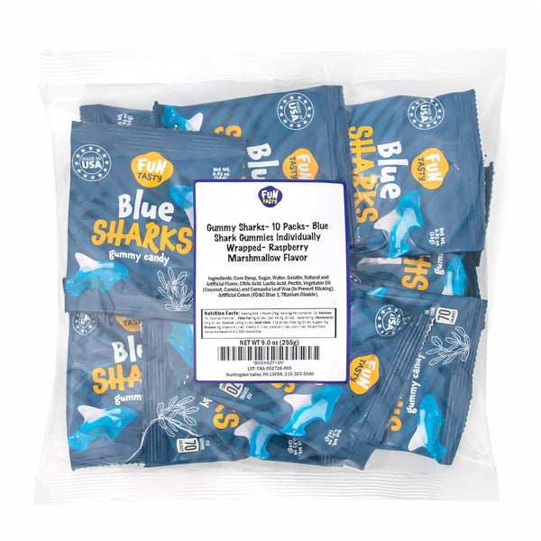 Gummy Sharks - 10 Packs - Blue Shark Gummies Individually Wrapped - Raspberry Marshmallow Flavor - Blue Candy for Goodie Bags, Gifting, Snacking and Party Favors