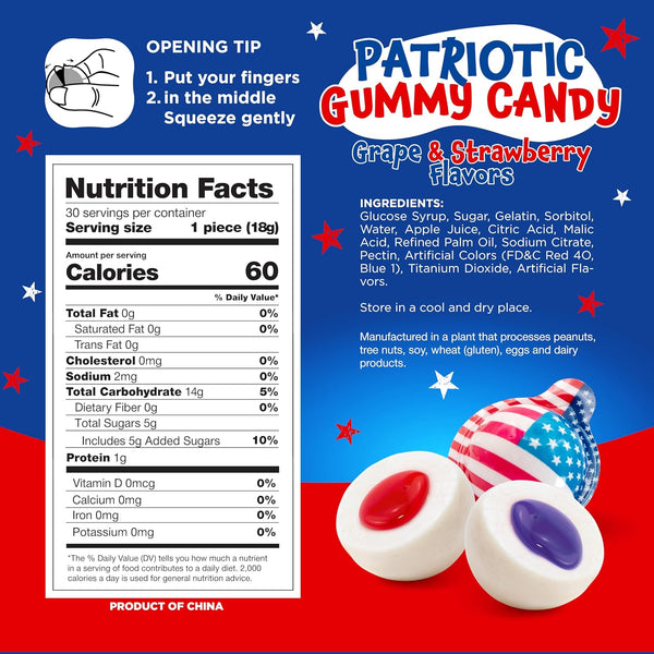 Patriotic Gummy Candy - 19 Ounce Jar (30 Count) - Strawberry & Grape Jam Center
