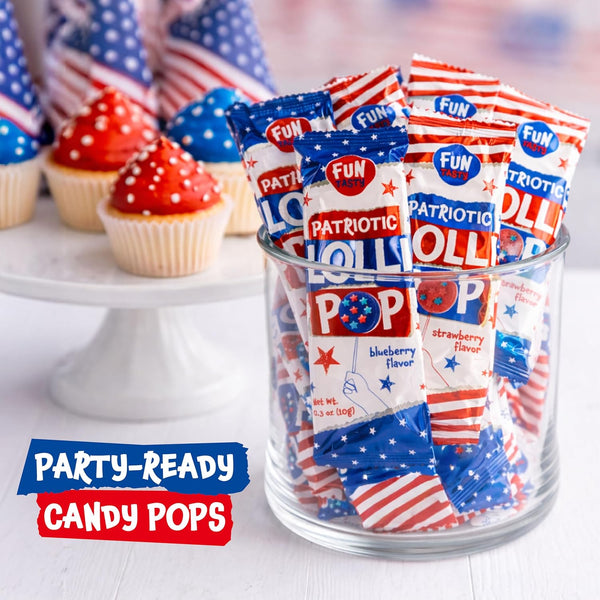 Patriotic Candy - 40 Count - 4th of July Lollipops Individually Wrapped - Red White and Blue Candy - Double-Sided Flat Lollipops - Strawberry & Blueberry Flavors by Funtasty FlipPops