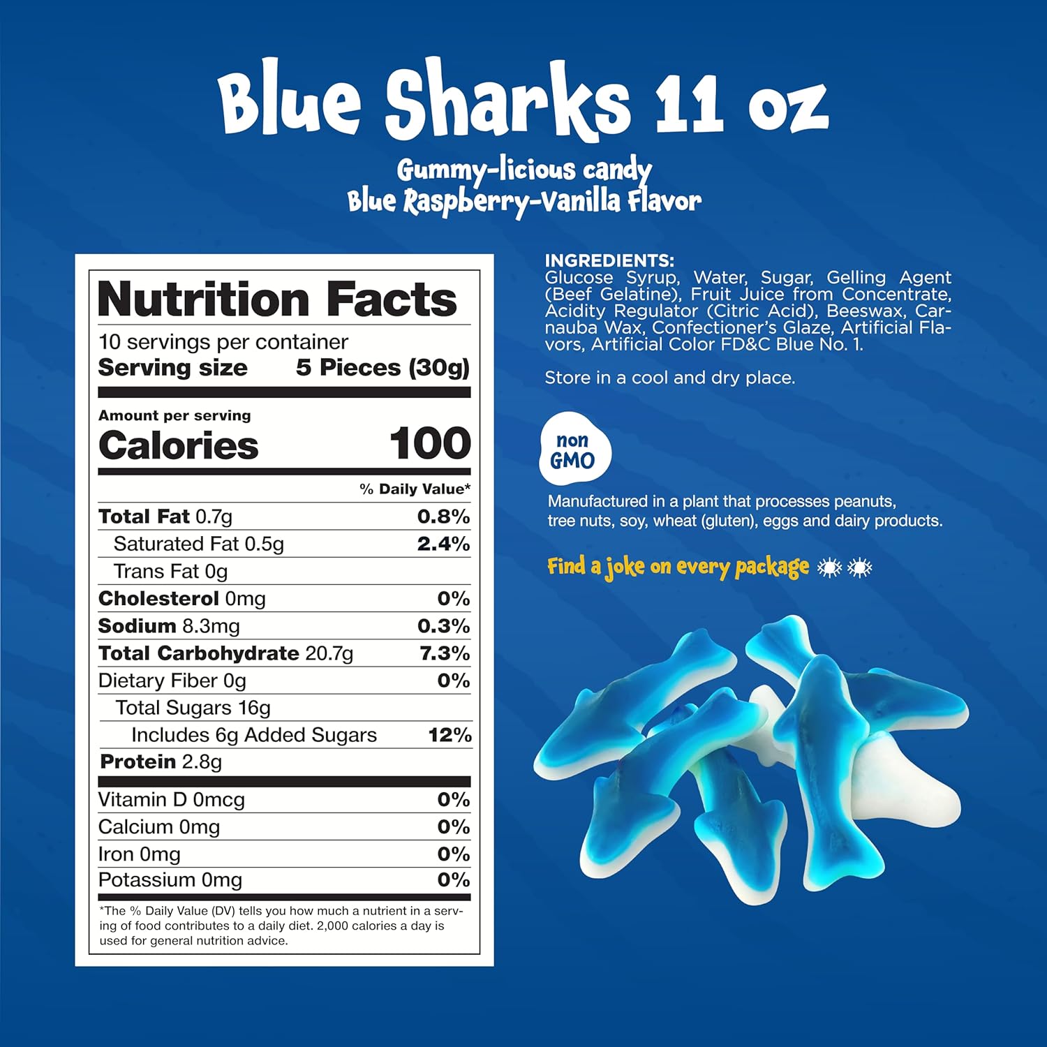 Funtasty Blue Sharks Gummy Candy - 11 Ounce Bag - Blue Raspberry Marsh ...