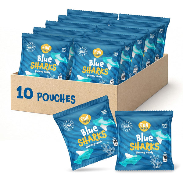Gummy Sharks - 10 Packs - Blue Shark Gummies Individually Wrapped - Raspberry Marshmallow Flavor - Blue Candy for Goodie Bags, Gifting, Snacking and Party Favors