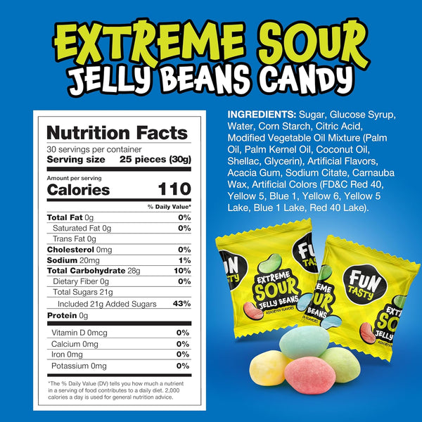 Sour Jelly Beans – 120 Mini Pouches (28 oz) | Cherry, Apple, Lemon & Blue Raspberry | Individually Wrapped Sour Candy for Halloween, Classroom Rewards & Party Favors – by Funtasty