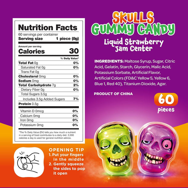 Halloween Candy, Gummy Skulls, Jelly Filled Gummies - 60 Count, 17 Oz Jar