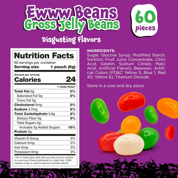 Ewww Beans Gross Jelly Beans - 60 Count Bag (12 Oz) - Weird Candy - Nasty Flavors - Halloween Candy Individually Wrapped - Prank Candies for Challenge Party Games by Funtasty