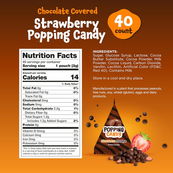Popping Candy Bulk - 40 Mini Pouches - Chocolate Covered Popping Rocks - Strawberry Flavor - Individually Wrapped Halloween Candy for Classroom Rewards & Party Favors by Funtasty