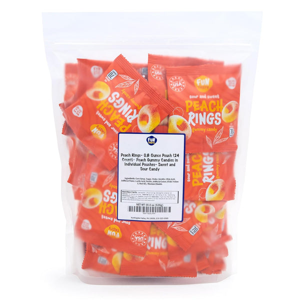 Peach Rings - 0.8 Ounce Pouch (24 Count) - Peach Gummy Candies in Individual Pouches - Sweet and Sour Candy for Classroom, Snacking and Kids' Goodie Bags