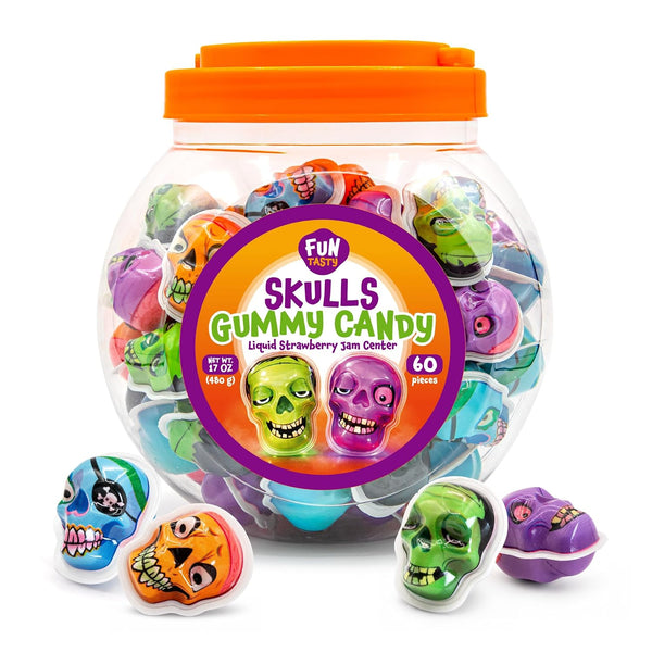 Halloween Candy, Gummy Skulls, Jelly Filled Gummies - 60 Count, 17 Oz Jar
