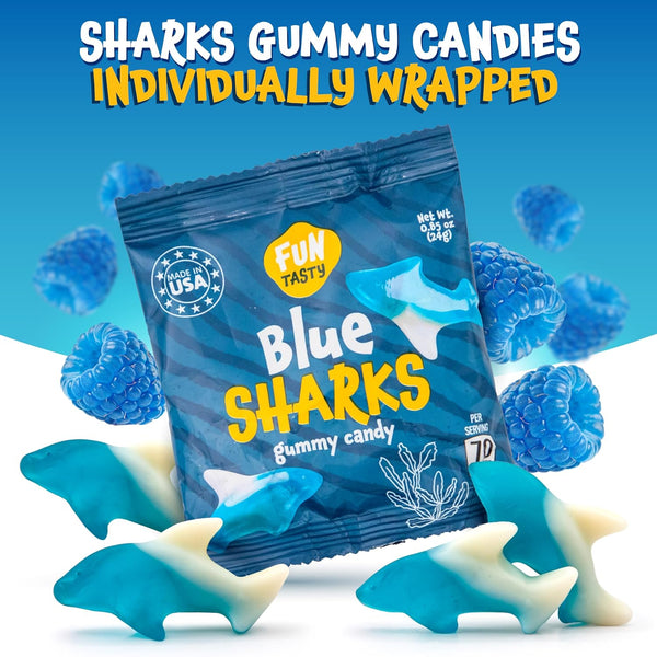 Gummy Sharks - 10 Packs - Blue Shark Gummies Individually Wrapped - Raspberry Marshmallow Flavor - Blue Candy for Goodie Bags, Gifting, Snacking and Party Favors