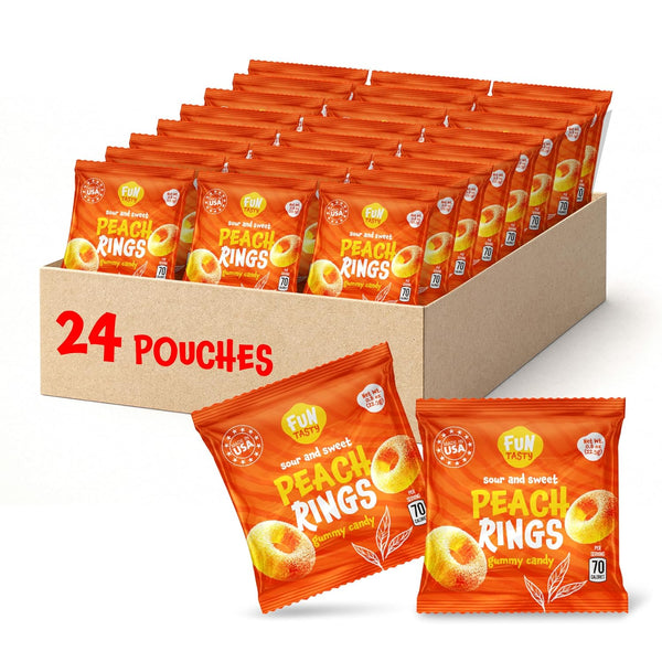 Peach Rings - 0.8 Ounce Pouch (24 Count) - Peach Gummy Candies in Individual Pouches - Sweet and Sour Candy for Classroom, Snacking and Kids' Goodie Bags