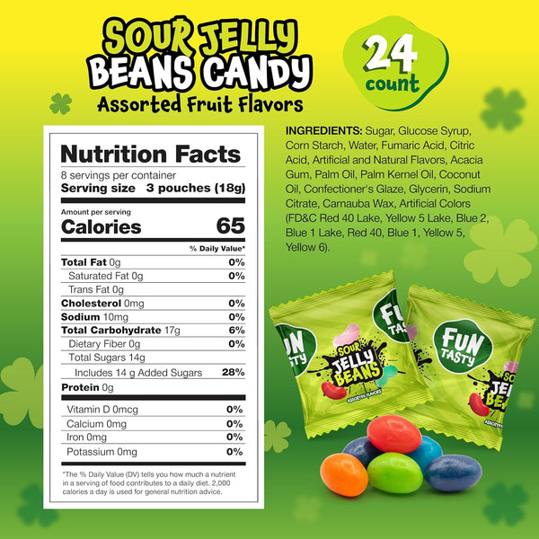 Sour Jelly Beans - 24 Mini Packs - St Patrick's Day Candy - Assorted Fruit Flavors - Individually Wrapped Jelly Beans for Gifting, Goodie Bags & Party Favors