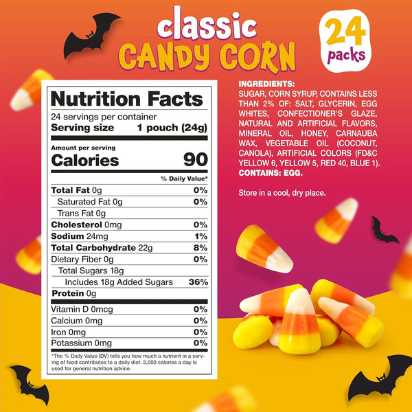 Classic Candy Corn - 24 Count Individually Packed Pouches, 0.85 Oz Each - Halloween Candy Bags for Party Favors, Trick or Treat, Events, and Snacks