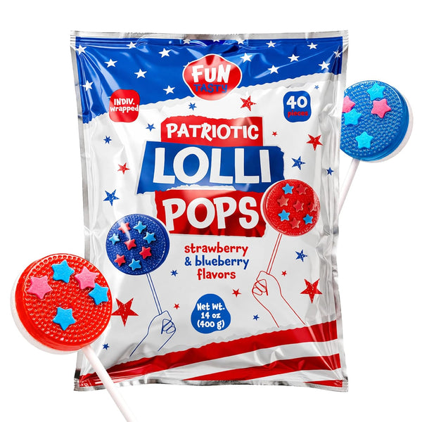 Patriotic Candy - 40 Count - 4th of July Lollipops Individually Wrapped - Red White and Blue Candy - Double-Sided Flat Lollipops - Strawberry & Blueberry Flavors by Funtasty FlipPops