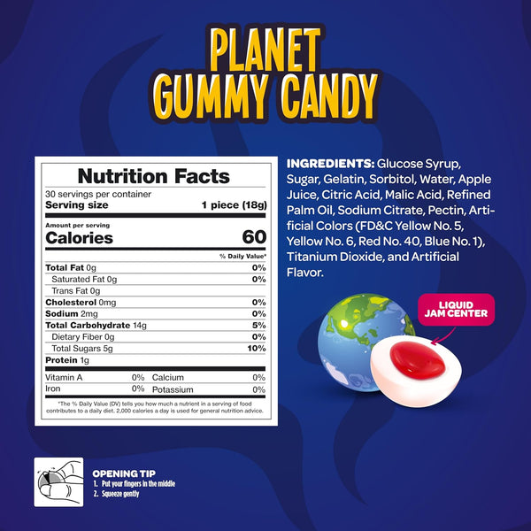 Planets Gummy Balls Candy with Jam Center, Bubblegum Flavor, 19-Ounce Jar (30 Count)