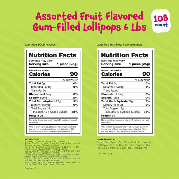 Fruit Lollipops - 6 Pound Bulk Box (About 108 Count) - Assorted Fruit Flavors - Sour Gum-Filled Pops - Individually Wrapped Halloween Candy - Kids' Party Favors