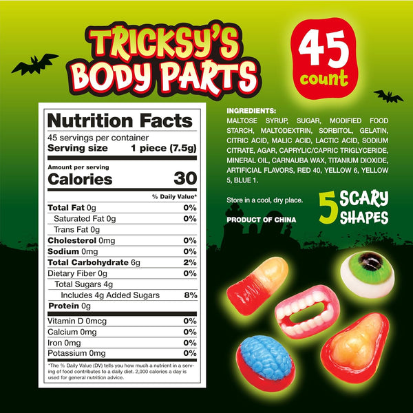 Tricksy's Body Parts Gummy Candy, 45 Count Individually Wrapped Halloween Gummies