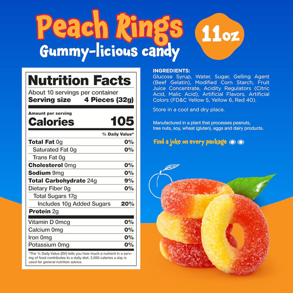 Peach Rings - 11 Ounce Pack - Gummy Candies - Sugar Coated Sweet & Sour Candy - Peach Gummies for Snacking, Sharing, Office Jars & Gift Baskets - Soft Gummy Rings