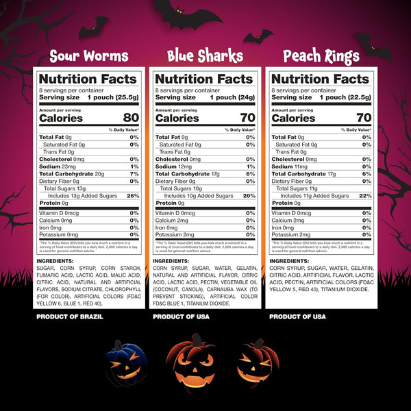 Halloween Gummy Candy Variety Pack - 24 Count Pouches, 0.85 Oz Each - Assorted Sour Worms, Blue Sharks and Peach Rings - Trick or Treat Candy Bags for Party Favors