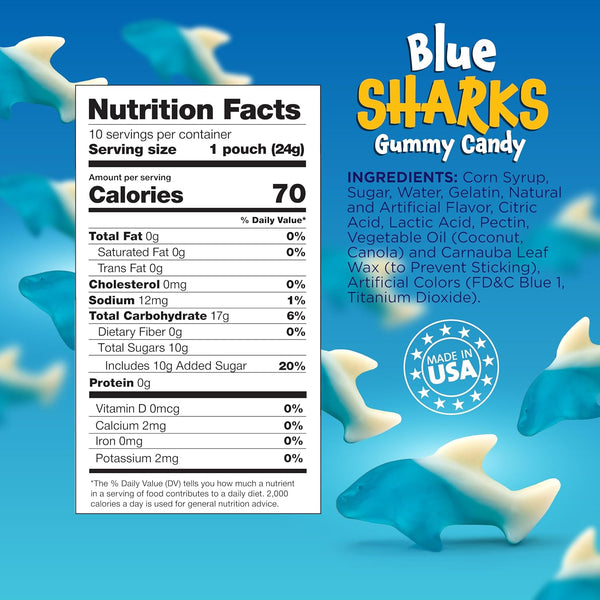 Gummy Sharks - 10 Packs - Blue Shark Gummies Individually Wrapped - Raspberry Marshmallow Flavor - Blue Candy for Goodie Bags, Gifting, Snacking and Party Favors