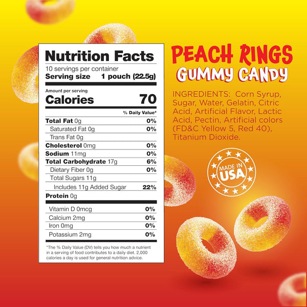 Peach Rings - 10 Packs - Peach Gummy Candies Individually Wrapped - Sweet and Sour Candy for Classroom, Snacking, Gifting, and Goodie Bags - Soft Gummy Rings