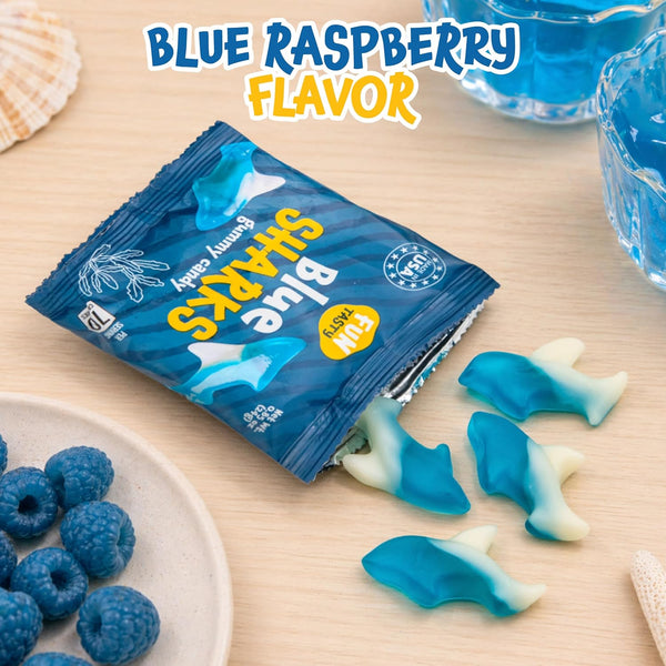 Gummy Sharks - 10 Packs - Blue Shark Gummies Individually Wrapped - Raspberry Marshmallow Flavor - Blue Candy for Goodie Bags, Gifting, Snacking and Party Favors