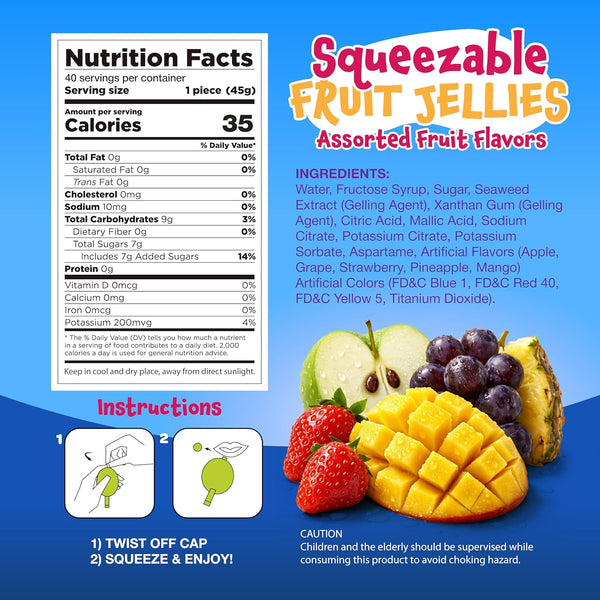 Fruit Squeezable Jellies - 40 Count Jar - Tik Tok Candy - Easter Eggs Fillers - Fun Jelly Treat in Assorted Fruit Flavors - Easter Candy - Mango, Strawberry, Apple, Pineapple & Grape