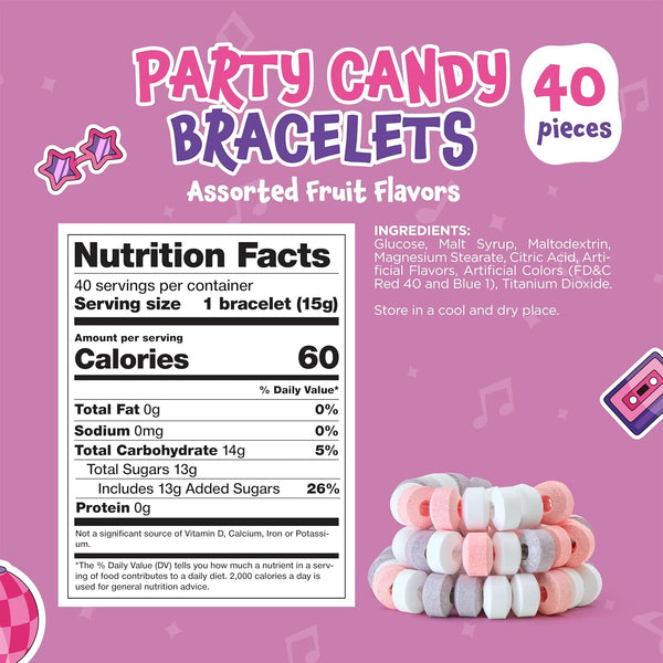 Party Candy Bracelets - 21 Ounce Bag (40 Cnt) - Fruit Flavors - Individually Wrapped - Jewelry Candy for Goodie Bags, Classroom Rewards, and Kids' Celebrations by Funtasty
