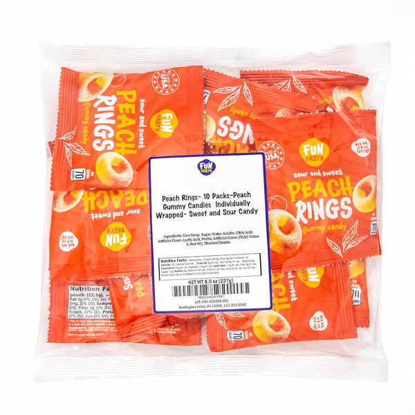 Peach Rings - 10 Packs - Peach Gummy Candies Individually Wrapped - Sweet and Sour Candy for Classroom, Snacking, Gifting, and Goodie Bags - Soft Gummy Rings