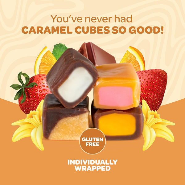 Caramel Cubes Candy, Assorted Flavors, Gluten-Free, Individually Wrapped, Jar 24 Ounces