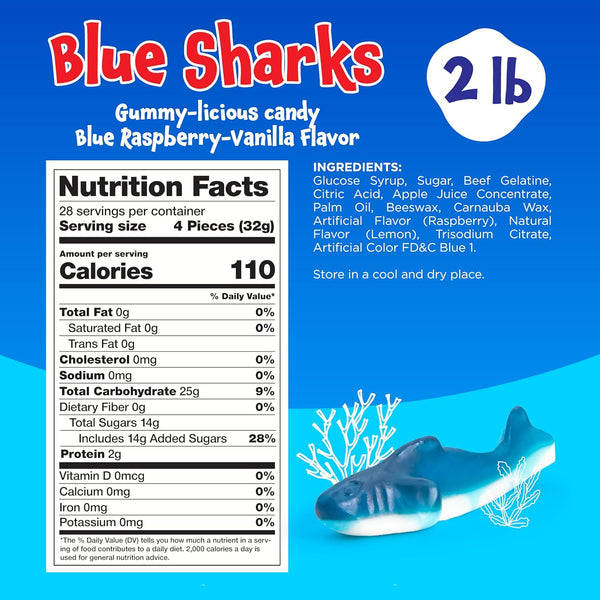 Gummy Sharks - 2 Pound Pack - Blue Shark Gummies - Blue Candy for Goodie Bags, Gifting, Snacking & Dessert Decorating - Chewy Candy with Raspberry Flavor