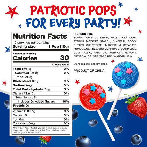 Patriotic Candy - 40 Count - 4th of July Lollipops Individually Wrapped - Red White and Blue Candy - Double-Sided Flat Lollipops - Strawberry & Blueberry Flavors by Funtasty FlipPops