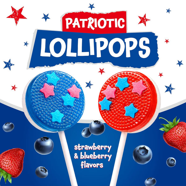 Patriotic Candy - 40 Count - 4th of July Lollipops Individually Wrapped - Red White and Blue Candy - Double-Sided Flat Lollipops - Strawberry & Blueberry Flavors by Funtasty FlipPops
