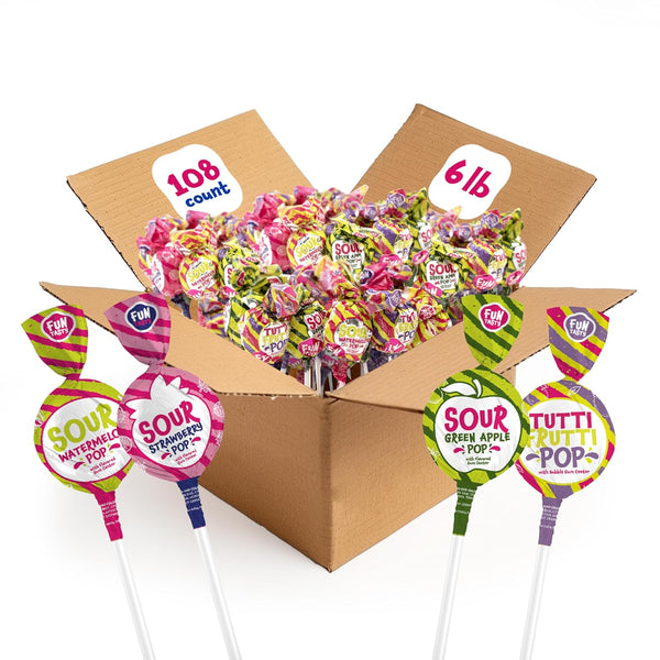 Fruit Lollipops - 6 Pound Bulk Box (About 108 Count) - Assorted Fruit Flavors - Sour Gum-Filled Pops - Individually Wrapped Halloween Candy - Kids' Party Favors