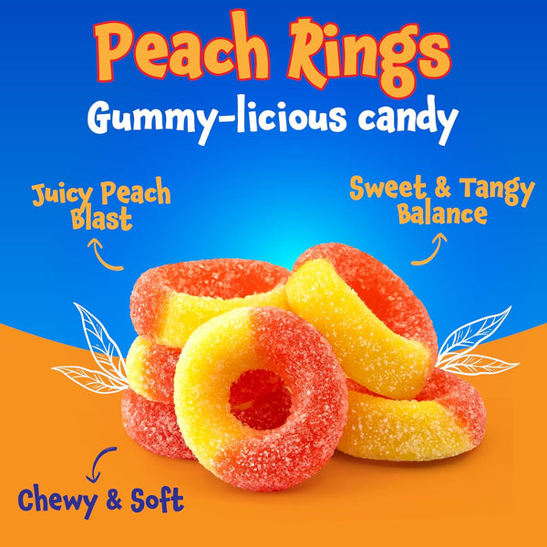 Peach Rings - 11 Ounce Pack - Gummy Candies - Sugar Coated Sweet & Sour Candy - Peach Gummies for Snacking, Sharing, Office Jars & Gift Baskets - Soft Gummy Rings