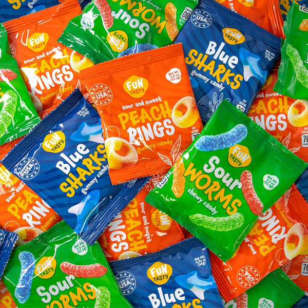 Halloween Gummy Candy Variety Pack - 24 Count Pouches, 0.85 Oz Each - Assorted Sour Worms, Blue Sharks and Peach Rings - Trick or Treat Candy Bags for Party Favors