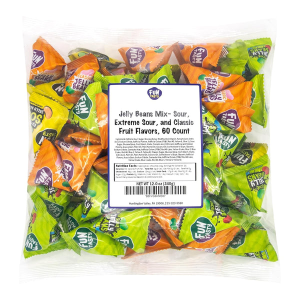 Jelly Beans Variety Pack - 60 Mini Pouches (12 Oz) - Sour, Classic, Extreme Sour Candies - Individually Wrapped Halloween Candy for Classroom Rewards & Party Favors by Funtasty