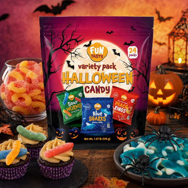 Halloween Gummy Candy Variety Pack - 24 Count Pouches, 0.85 Oz Each - Assorted Sour Worms, Blue Sharks and Peach Rings - Trick or Treat Candy Bags for Party Favors