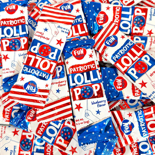 Patriotic Candy - 40 Count - 4th of July Lollipops Individually Wrapped - Red White and Blue Candy - Double-Sided Flat Lollipops - Strawberry & Blueberry Flavors by Funtasty FlipPops