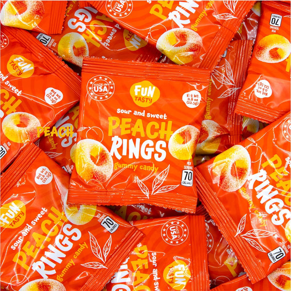 Peach Rings - 10 Packs - Peach Gummy Candies Individually Wrapped - Sweet and Sour Candy for Classroom, Snacking, Gifting, and Goodie Bags - Soft Gummy Rings