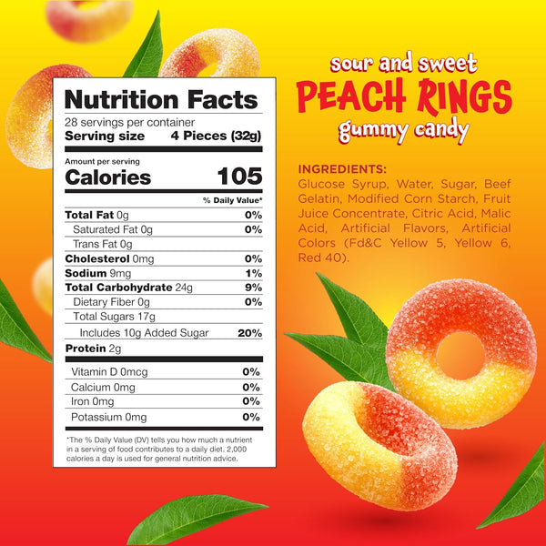 Peach Rings - 2 Pound Bulk Pack - Gummy Candy - Sour and Sweet Classic Treat