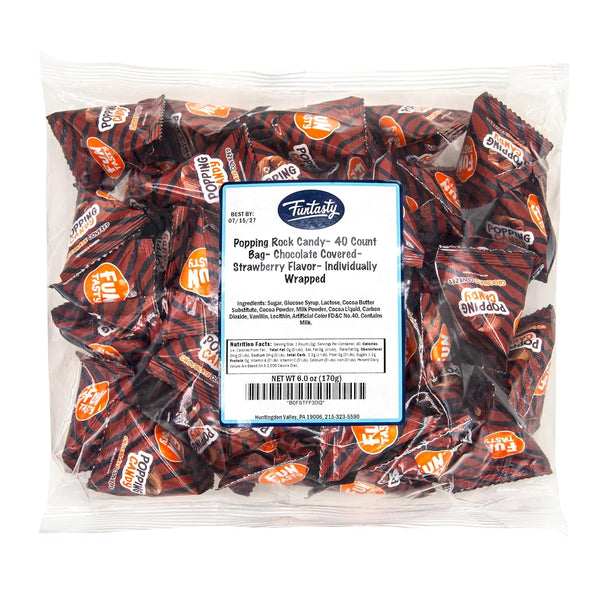 Popping Candy Bulk - 40 Mini Pouches - Chocolate Covered Popping Rocks - Strawberry Flavor - Individually Wrapped Halloween Candy for Classroom Rewards & Party Favors by Funtasty