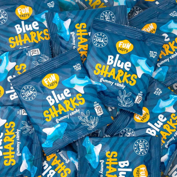 Gummy Sharks - 10 Packs - Blue Shark Gummies Individually Wrapped - Raspberry Marshmallow Flavor - Blue Candy for Goodie Bags, Gifting, Snacking and Party Favors