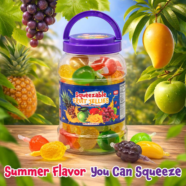 Fruit Squeezable Jellies - 40 Count Jar - Tik Tok Candy - Easter Eggs Fillers - Fun Jelly Treat in Assorted Fruit Flavors - Easter Candy - Mango, Strawberry, Apple, Pineapple & Grape
