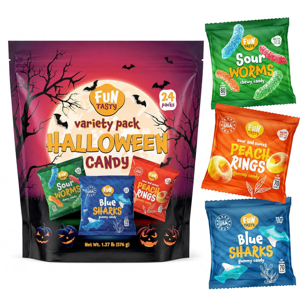 Halloween Gummy Candy Variety Pack - 24 Count Pouches, 0.85 Oz Each - Assorted Sour Worms, Blue Sharks and Peach Rings - Trick or Treat Candy Bags for Party Favors