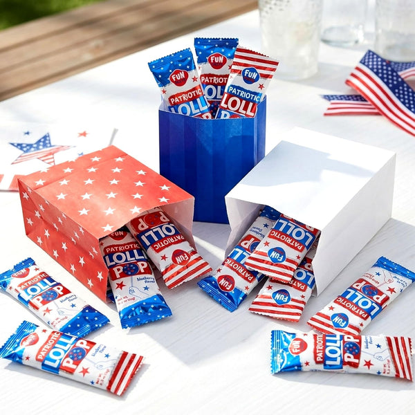 Patriotic Candy - 40 Count - 4th of July Lollipops Individually Wrapped - Red White and Blue Candy - Double-Sided Flat Lollipops - Strawberry & Blueberry Flavors by Funtasty FlipPops