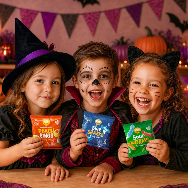 Halloween Gummy Candy Variety Pack - 24 Count Pouches, 0.85 Oz Each - Assorted Sour Worms, Blue Sharks and Peach Rings - Trick or Treat Candy Bags for Party Favors